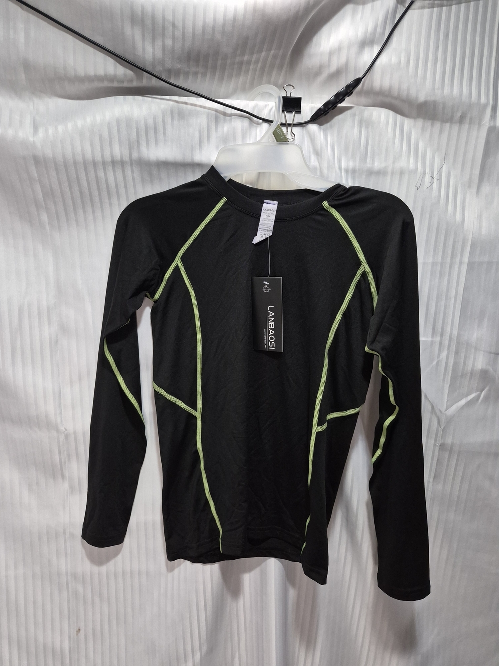 Kids' Black Long-Sleeve Tee with Lime Contrast Stitching- Lanbaosi Size 10